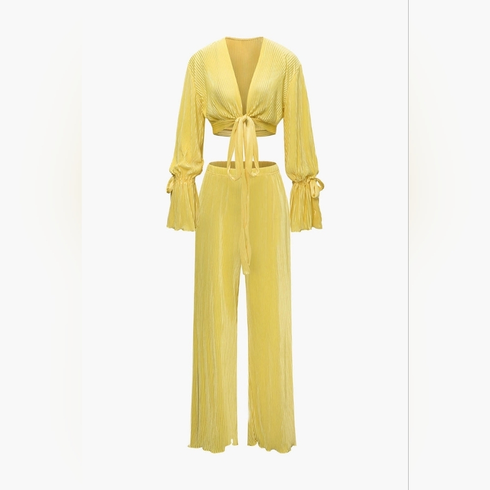 Micas Pleated V Neck Tie Front Crop Top And Salad Hem Pants Set